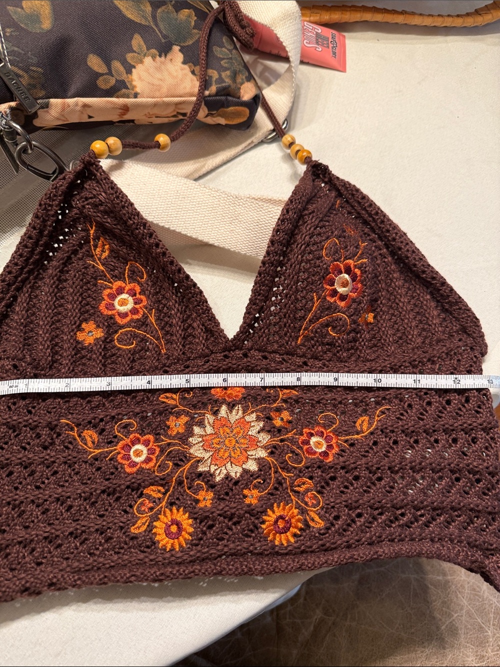 ROMWE Brown Crochet Halter Crop Top with Floral Embroidery - Picture 4 of 5